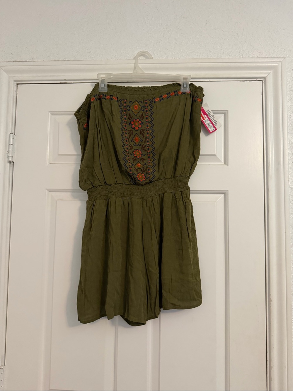 Olive Green Embroidered Strapless Romper